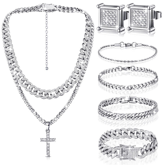 Yinkin 6 Pcs Hip Hop Jewelry Set for Men Rhinestone Link Chain Bracelet Earrings Tennis Diamond Jewelry Set for Men Gift (Silver)