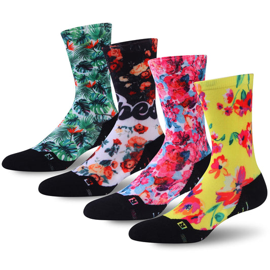 HUSO Cycling Socks, Men's Women's Cool Crazy Floral Crew Mid Calf Novelty Outdoor Hiking Mountain Biking Socks 4 Pairs (Multicolor, L/XL)