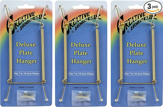 Creative Hobbies® Deluxe Plate Display Hangers, Spring Style - Assembled & Ready to Use - Holds 7 to 10 Inch Plates, Gold Wire Spring Type, Hanger Hooks & Nails Included - Pack of 3