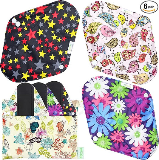 wegreeco Reusable Menstrual Pads - Reusable Sanitary Pads | Reusable Panty Liners | Soft Cloth Menstrual Pads - 6 Pack with 1 Cloth Mini Wet Bag (Large, Mix Prints)