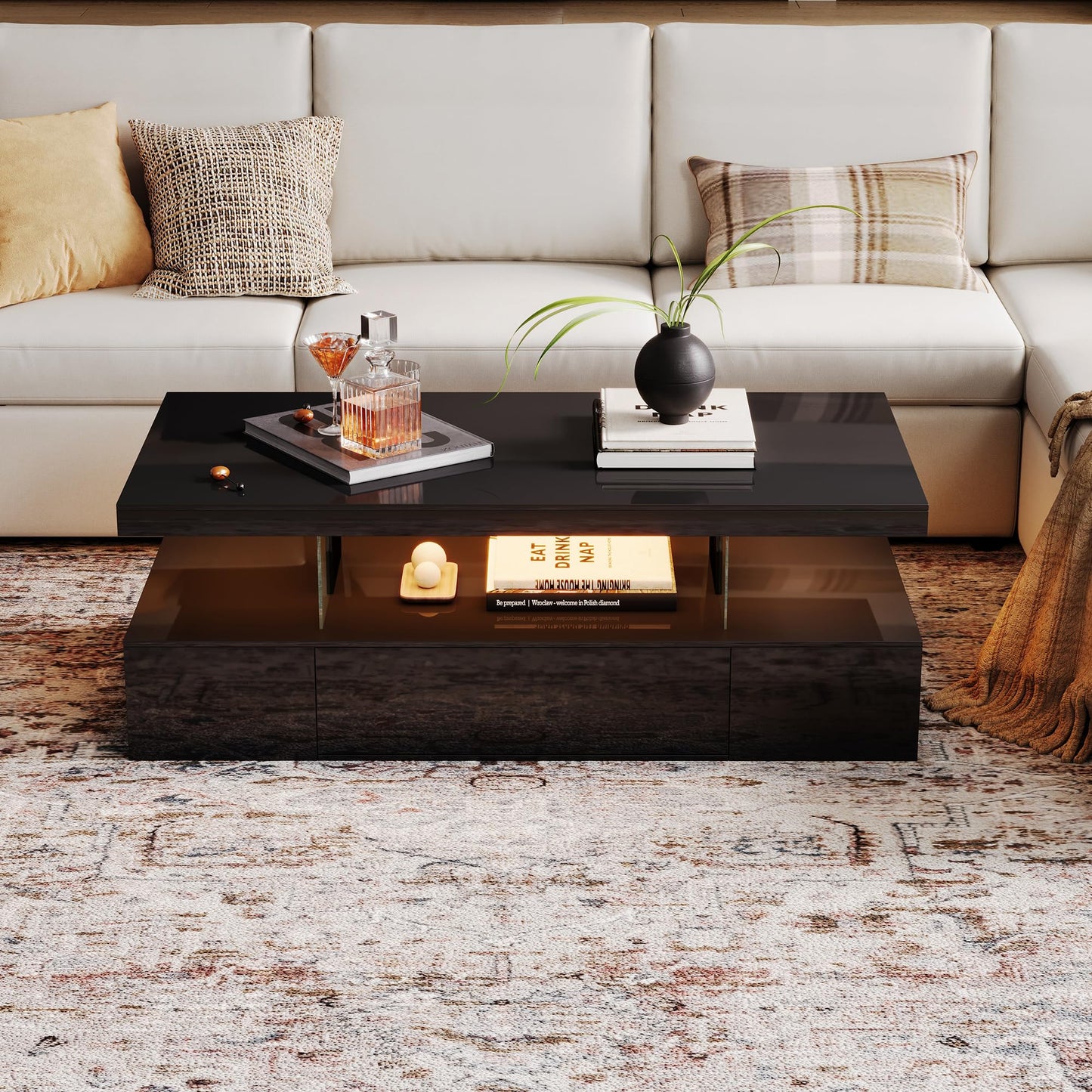 ChooChoo Modern LED Coffee Table, High Glossy Coffee Table with Drawer, Black Coffee Table with Storage for Living Room, Bedroom, CT2305-BK