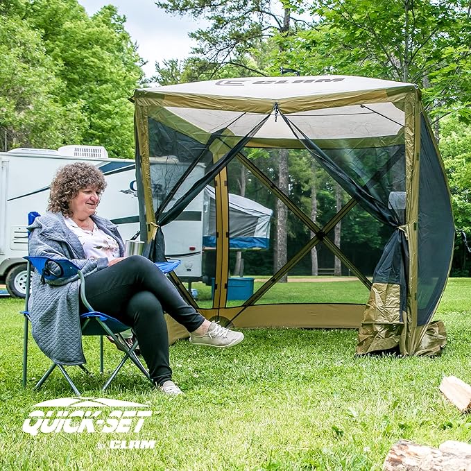 CLAM Pop Up Screen Tent, Outdoor Camping Gazebo Canopy, Traveler, 6' x 6', Green