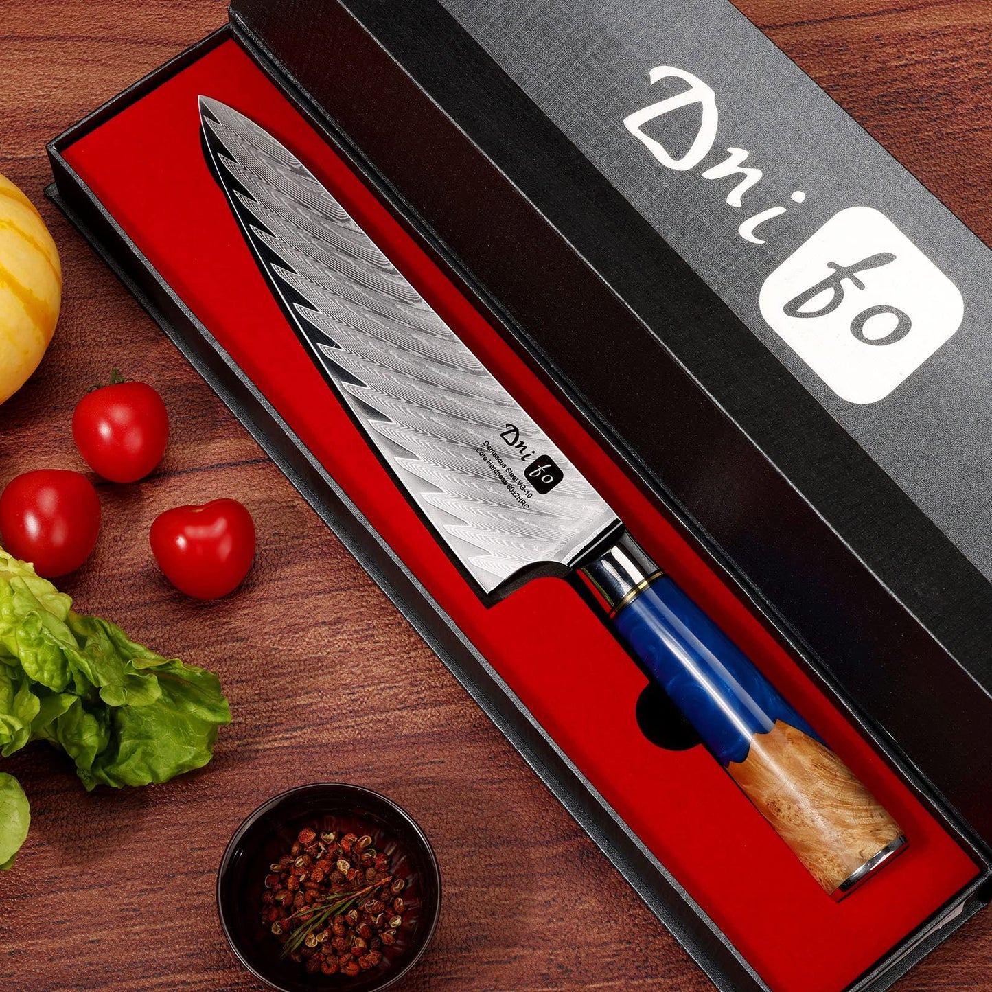 Dnifo Chef Knife 8 Inch, Damascus VG-10 Steel Sharp Japanese Kitchen Knife with Gift Box and Resin Wood Handle, Ideal Gift for Men and Women