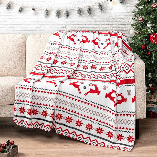 PAVILIA Christmas Throw Blanket | Holiday Christmas Reindeer Snowflakes Fleece Blanket | Soft, Plush, Warm Winter Cabin Throw, 50x60 (White Reindeer)