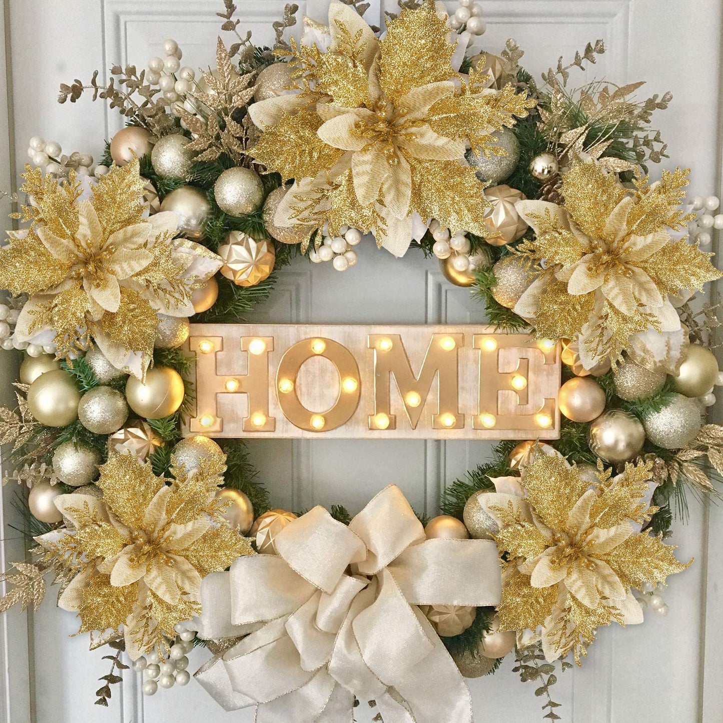 GREENTIME 12 Pcs Glitter Poinsettia 5.5" Artificial Flowers Christmas with Clips Stems Xmas Tree Ornaments for Wedding Party Wreath Decoration (Golden