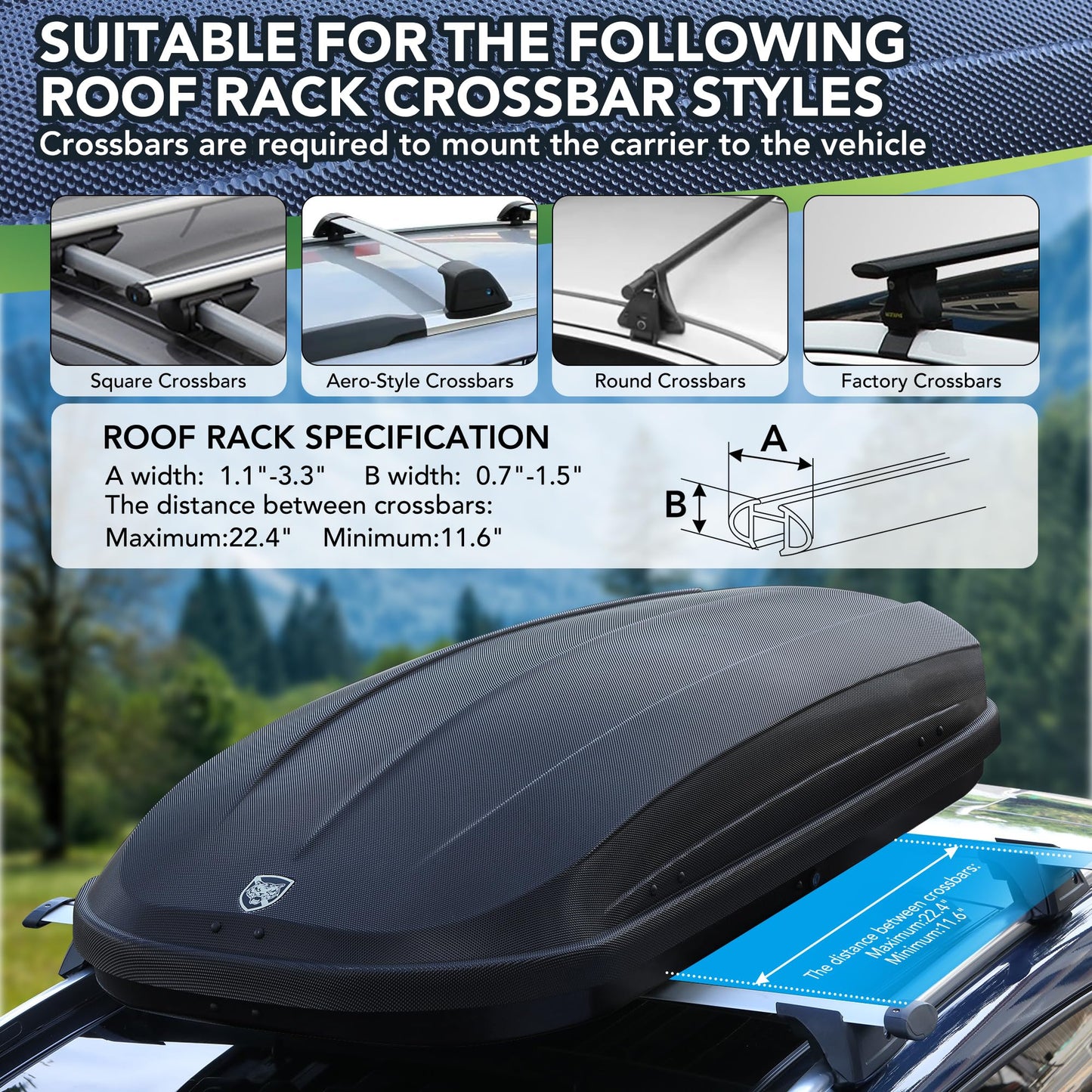 12 Cu Ft Hardshell Roof Cargo Box - 165Lb Capacity Lockable Carrier, Rooftop Cargo Carrier for SUV/Car Travel, Waterproof Storage