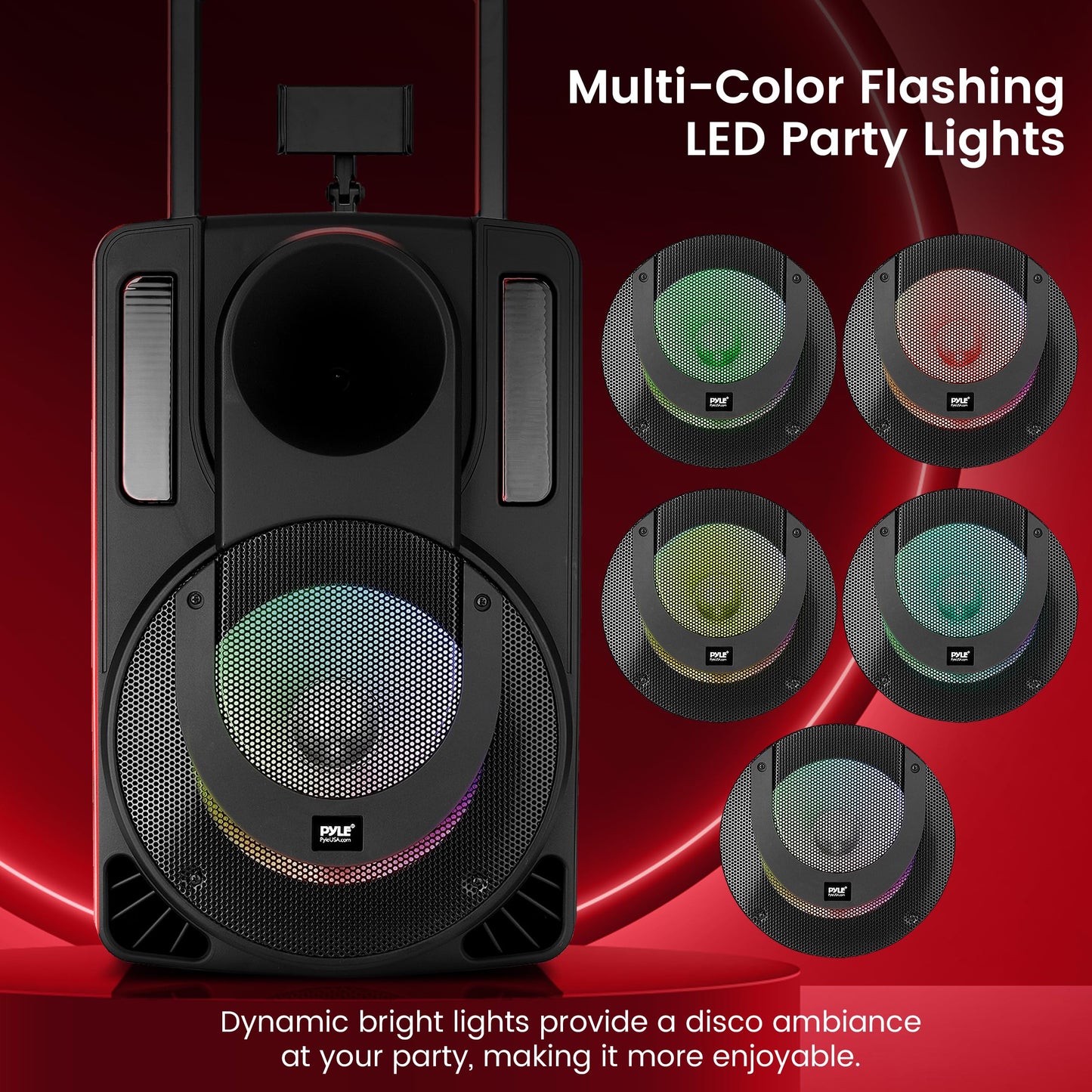 Pyle 15’’ Bluetooth Portable PA Speaker System – Rechargeable Karaoke Party Speaker with Wireless & Wired Microphones, LED Lights, Tablet Stand, USB/SD/FM Radio, Trolley Wheels for Indoor/Outdoor Use
