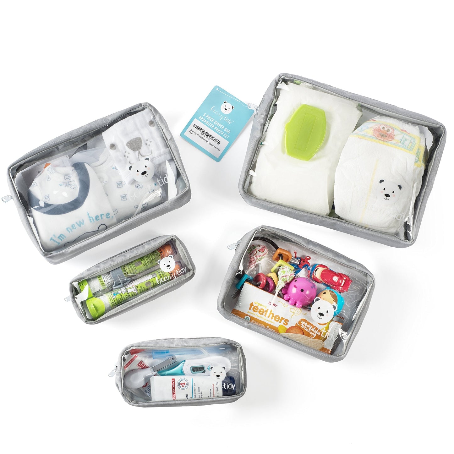 Beary Tidy 5 Piece Diaper Bag Organizer Pouch Set, Clear with Zippers and Nestable