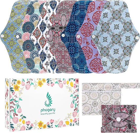 PHOGARY Reusable Menstrual Pads, 7 Pieces Bamboo Cloth Pads for Heavy Flow with Wet Bag, Large Sanitary Pads Set with Wings for Women, Washable Overnight Cloth Panty Liners Period Pads