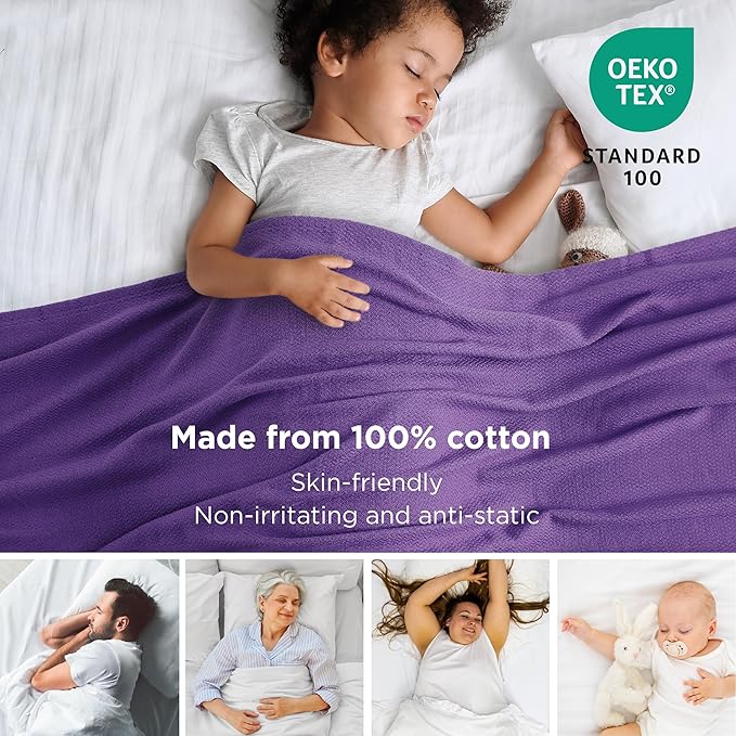 Bedsure 100% Cotton Large Throw Blanket for Couch 50x70 inches - Breathable and Lightweight, Soft Cozy Herringbone Woven Blanket for Summer Spring, Purple