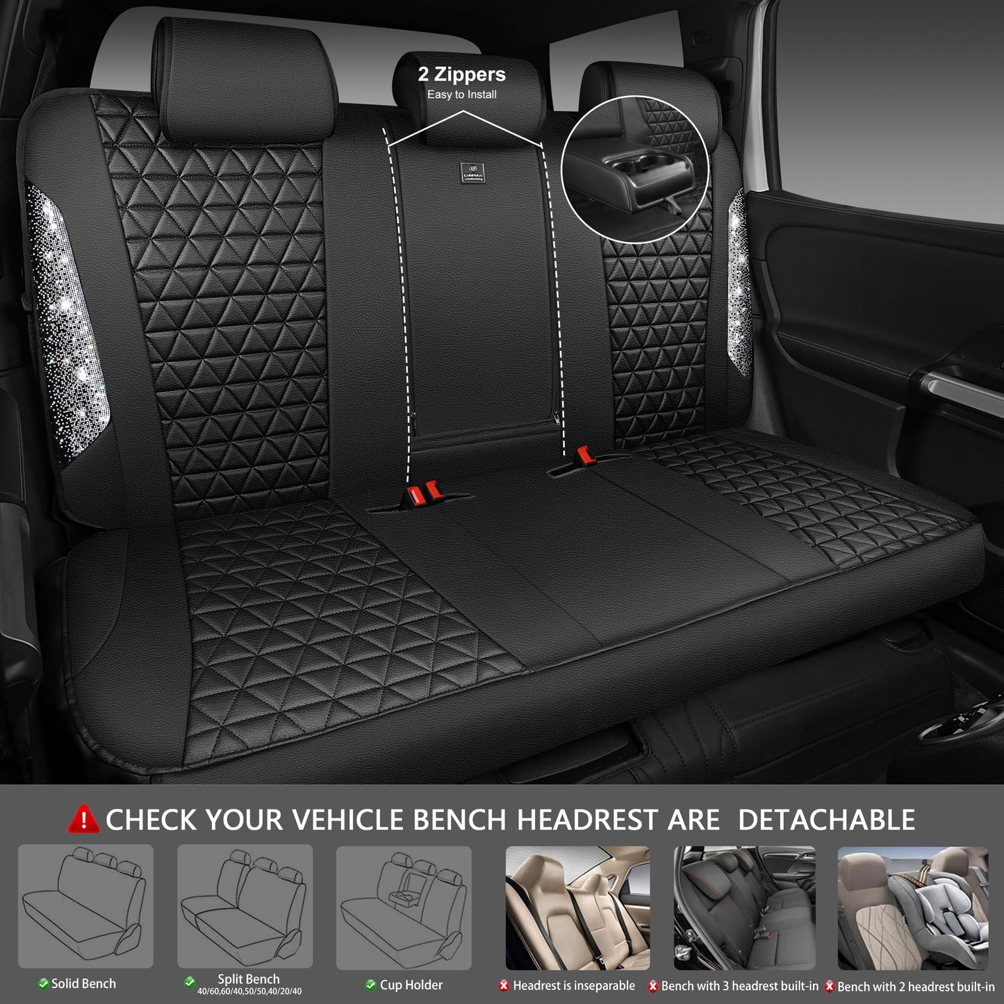 CAR PASS Bling Diamond Leather Car Seat Covers Full Seats Interior Sets, Waterproof Shining Glitter Sparkly Crystal Universal Armrest Fit Automotive Truck SUV Cute Women Girl, Black Silver Rhinestone