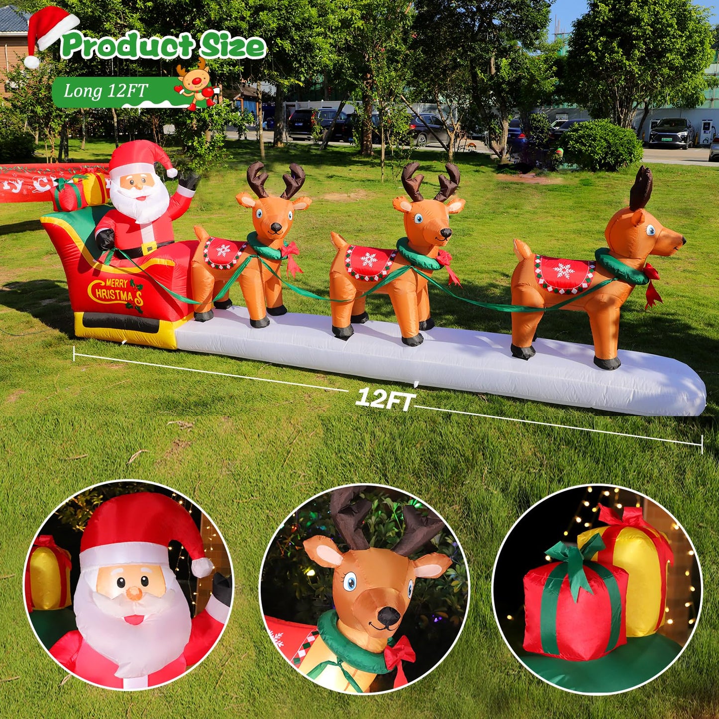 12 FT Christmas Inflatables Outdoor Decorations Santa Claus on Sleigh, Blow Up 3 Reindeers Pulling Santa's Sleigh with Gift Boxes, Built in LED Lights for Christmas Party Decor, Yard, Garden Lawn