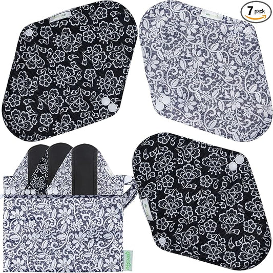 wegreeco Charcoal Reusable Menstrual Pads - Reusable Sanitary Pads | Reusable Panty Liners | Soft Cloth Menstrual Pads - 6 Pack with 1 Cloth Wet Bag (Black, Grey Lace, Small)