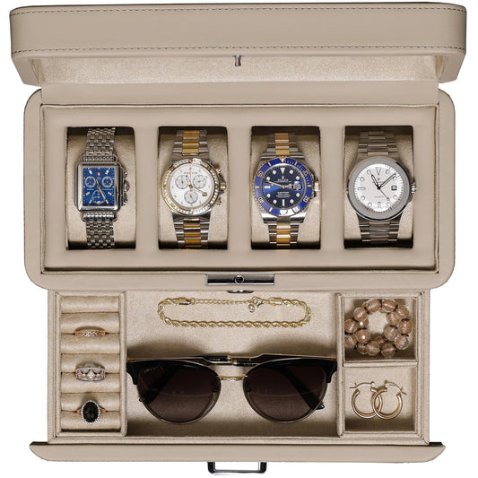 ROTHWELL 4 Slot Leather Watch Box with Valet Drawer - Luxury Case Display Jewelry Organizer, Locking Display Case Holder with Real Glass Top - Watch Box Organizer for Men & Women (Oatmeal)