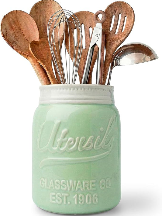 Comfify Wide Mouth Mason Jar Utensil Holder Decorative Kitchenware Organizer Crock, Dishwasher Safe - Kitchen Caddy Green, Large Size 7" Hight