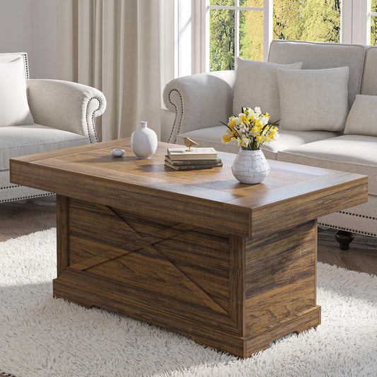 Lareth Coffee Table 39 in Rustic Center Table with X-Design Wooden Pedestal for Living Room, Space Saving, Easy Assembly Rectangle Home Office Tea Accent Table for Dining Room Apartment, Walnut