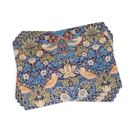 Pimpernel Morris & Co Strawberry Thief Blue Placemats, Set of 4 - Stain Resistant & Heat Safe Fabric-Feel Table Mats with Birds & Botanical Pattern for Stylish Dining & Entertaining