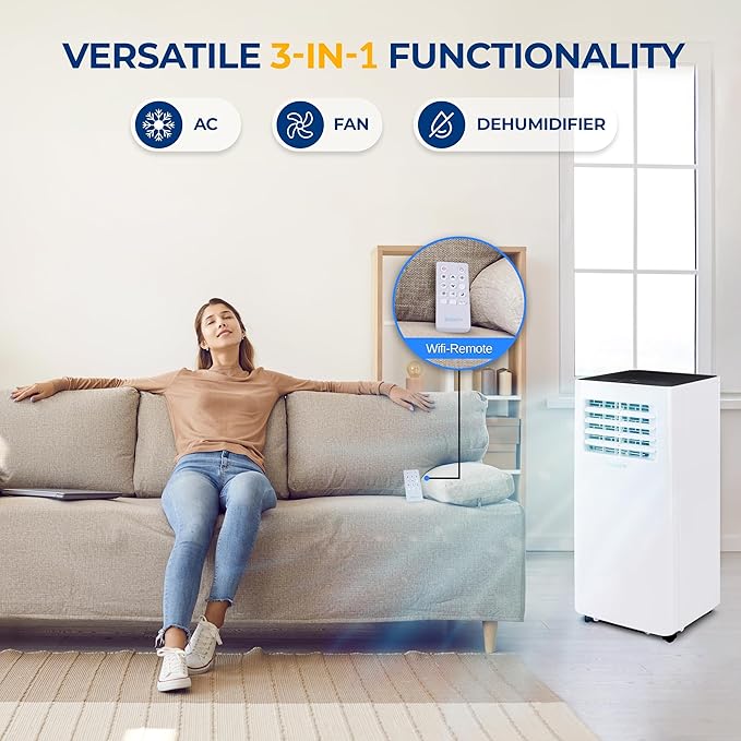 SereneLife Small Air Conditioner Portable 8,000 BTU with Built-in Dehumidifier - Portable AC unit for rooms up to 350 sq ft - WiFi app + Remote Control, Window Mount Exhaust Kit