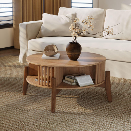 LuxenHome Round Coffee Table with Storage, 31.5" Oak Finish Wood Accent Tables with Wood Legs, Boho Center Table for Living Room, Wooden Circle Coffee Table with Open Storage for Home Office