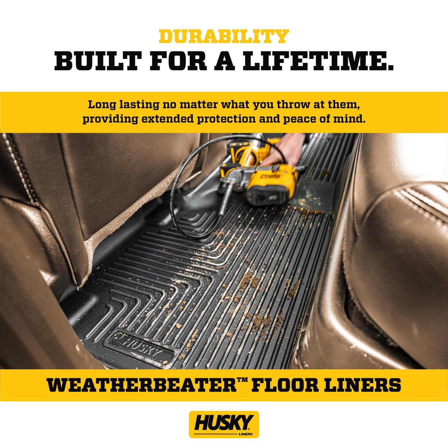 Husky Liners Weatherbeater Floor Mats | Fits 2017-2025 Ford F-250/F-350/F-450 SUPERCREW CAB ONLY with Factory Carpet & with Fold Flat Storage | Front & 2nd Row, 3-pc Black - 94061