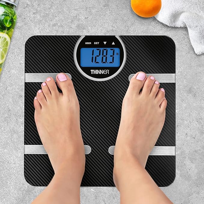 Thinner by Conair Scale for Body Weight, Digital Bathroom Scale with Body Fat, Muscle and BMI in Black