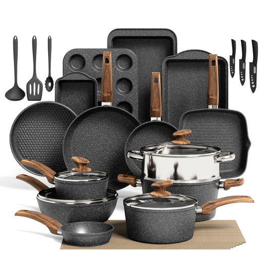 Kitchen Academy 30Pcs Pots and Pans Set Non Stick - Induction Black Cooware Set, Nonstick Granite Cookware and Bakeware Sets, PFOA&PFOS-Free, Non Toxic Healthy Kitchen Cooking Pans Set