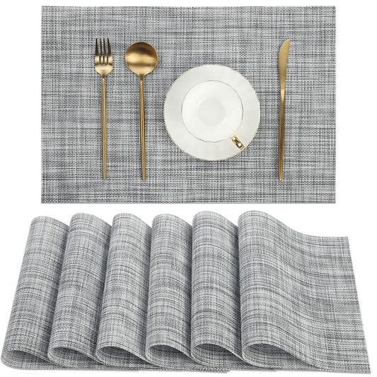 SHACOS Woven Vinyl Placemats Set of 6 Wipe Clean Table Placemats Heat Resistant Wipeable Non Slip Table Mats Indoor Outdoor, Gray White