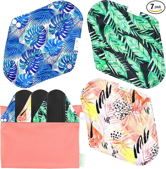wegreeco Charcoal Reusable Menstrual Pads - Reusable Sanitary Pads | Reusable Panty Liners | Soft Cloth Menstrual Pads - 6 Pack with 1 Cloth Mini Wet Bag (Small, Leaves)