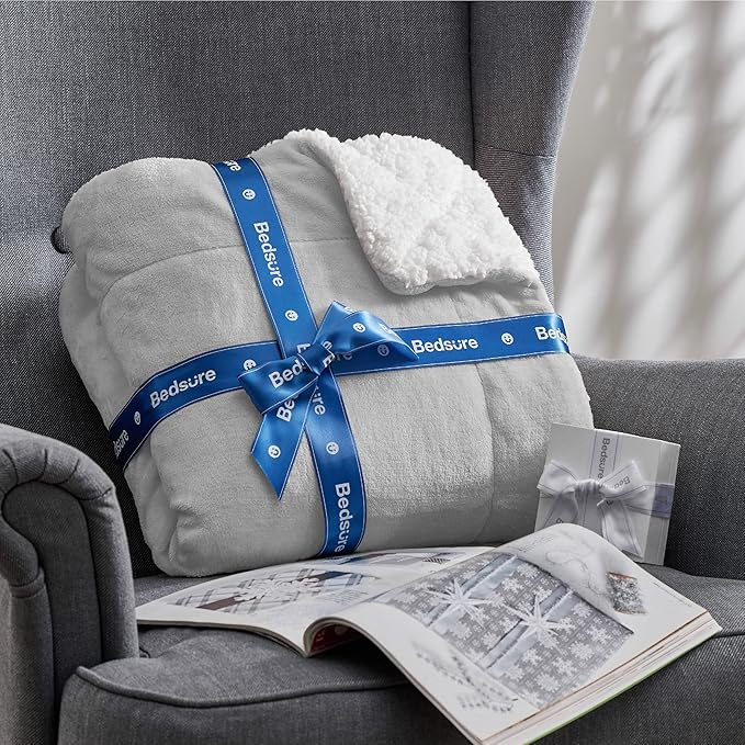 Bedsure Sherpa Fleece Blankets King Size for Bed - Thick and Warm, Soft Fuzzy Plush King Blanket for Winter, Light Grey, 108x90 Inches