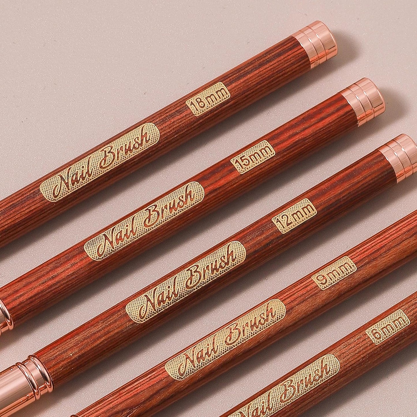 Wooden Nail Art Brushes, 5Pcs Nail Art Liner Brushes, Painting Art Design Brush Set Nail Dotting Drawing Tool for Long Lines, Thin Details, Fine Drawing Sizes 6/9/12/15/18mm, Rose gold