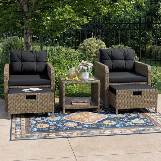 LHBcraft Balcony Furniture 5 Piece Patio Conversation Set, PE Wicker Rattan Outdoor Lounge Chairs with Soft Cushions 2 Ottoman&Glass Table for Porch, Lawn