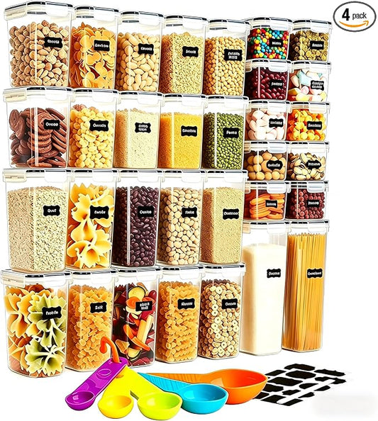 32 Pack Airtight Food Storage Containers with Lids, BPA Free Clear Plastic Pantry Storage Containers, Kitchen Pantry Organizers for Cereal, Flour, Sugar, Dry Food