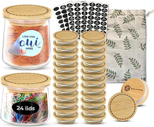 4-24 Piece Sets of Oui Yogurt Jar Lids | Made of Bamboo Wood, Stainless Steel, or Food Grade Silicone | Fit Yoplait Yogurt Regular & Petite Jars (Bamboo Leaves Ring - 24 pcs with Labels & Storage Bag)