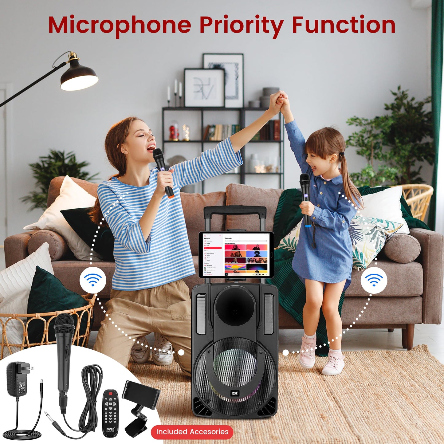 Pyle 15’’ Bluetooth Portable PA Speaker System – Rechargeable Karaoke Party Speaker with Wireless & Wired Microphones, LED Lights, Tablet Stand, USB/SD/FM Radio, Trolley Wheels for Indoor/Outdoor Use