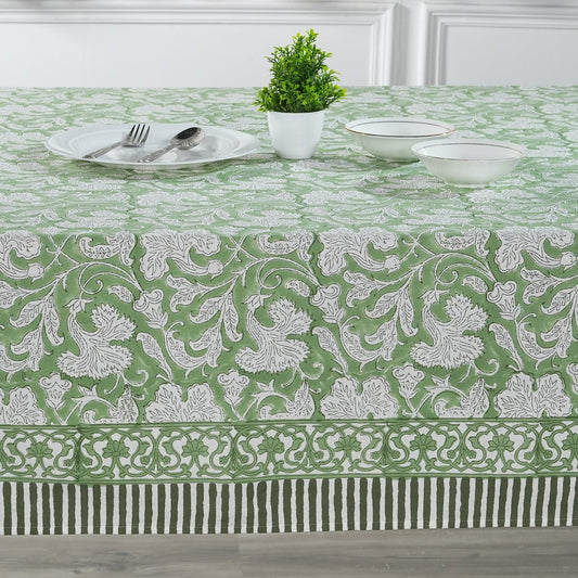 Ridhi Sage Green 100% Cotton Summer Fall Rectangle Tablecloth Hand Block Print Print Washable Reusable Table Cover Farmhouse Parties Buffet Dining Weddings Country French Easter Spring 70 x 118