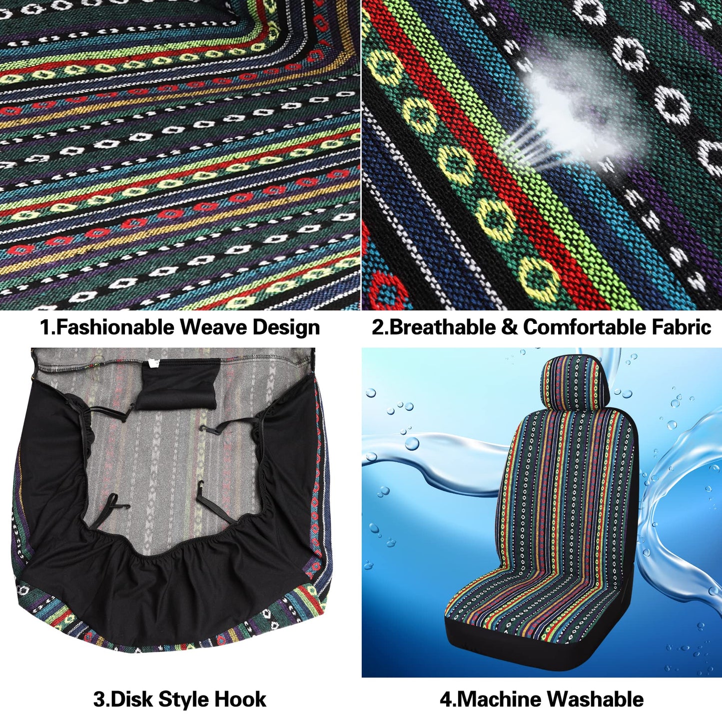 Pariitadin Baja Saddle Blanket Car Seat Covers Front Set with Seat Belt Pads, Washable Breathable Striped Woven Cloth Seat Covers for Cars, Universal Fit Most Cars, Airbag Compatible, Red/Blue