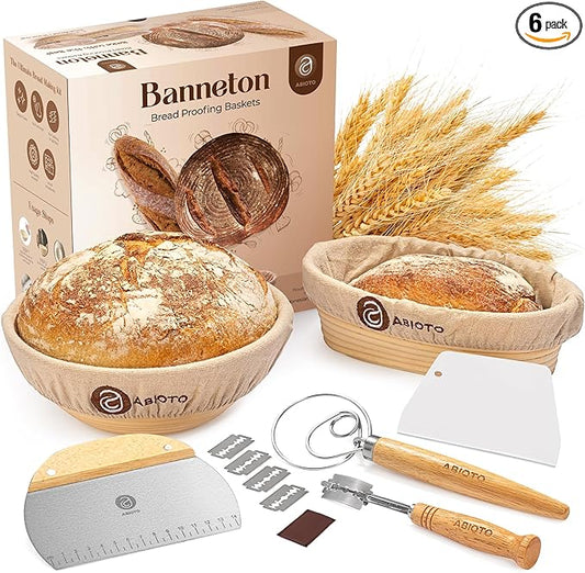 ABIOTO Sourdough Bread Baking Supplies and Bread Proofing Baskets - 9" Round & 10" Oval Indonesian Rattan Baskets, Liners, Danish Whisk, Bread Lame & Scrapers - 14 Piece Bread Making Kit for Beginners