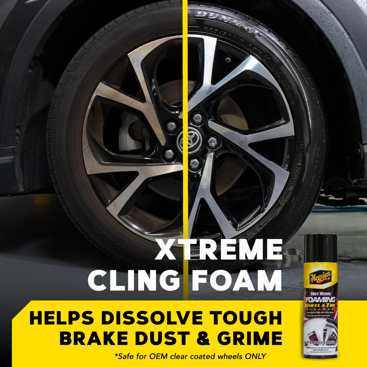 Meguiar's Hot Rims Foaming Wheel & Tire Cleaner - Combines a Wheel and Tire Cleaner in One Product that Quickly Powers through Brake Dust and Grime on OEM Clear Coated Wheels, 20 Oz Foam