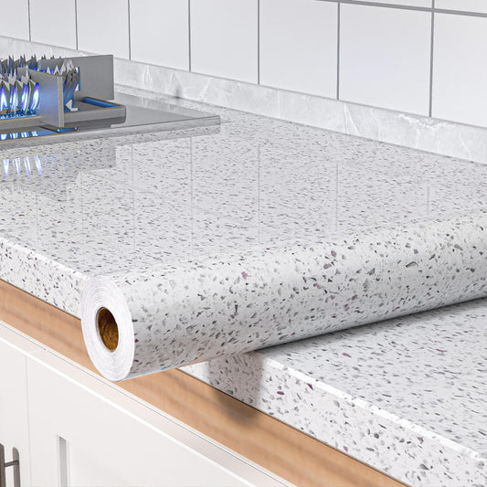 MelunMer Glossy Marble Contact Paper for Countertops Peel and Stick Wallpaper for Kitchen Waterproof Granite White Marble Sticker Self Adhesive Removable Wallpaper 118”×15.7” Easy to Install & Clean
