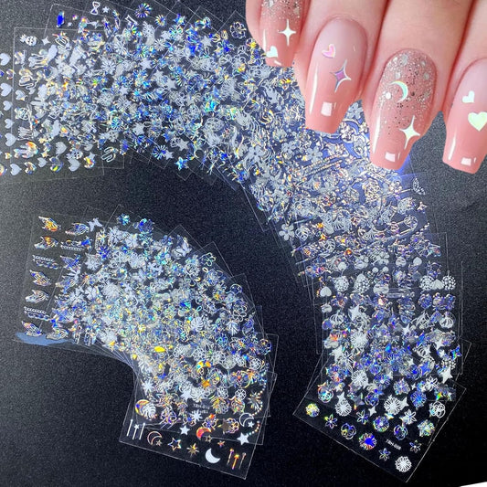 30 Sheets Aurora Nail Art Stickers Decals 3D Self Adhesive Flower Nail Stickers Aurora Moon Star Nail Decals for Nail Art Leaf Heart Nail Design for DIY Acrylic Nails Decoration Accessories for Women