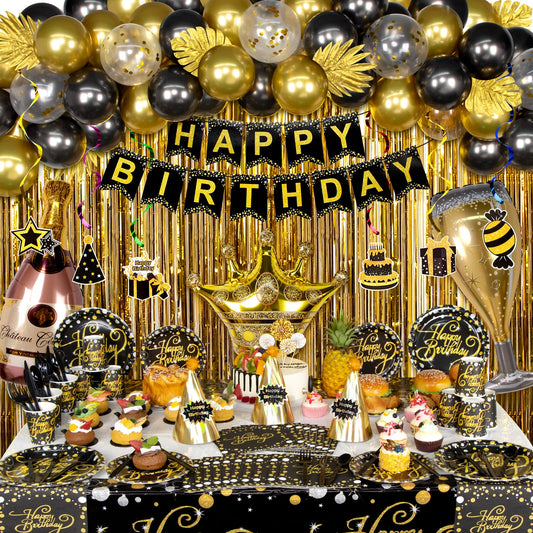HJINGY Black and Gold Birthday Party Decorations, Happy Birthday Party Supplies for Men Women Includes Balloons, Curtains, Banner, Hanging Swirls, Tablecloth, Plates, Cake Toppers for Party