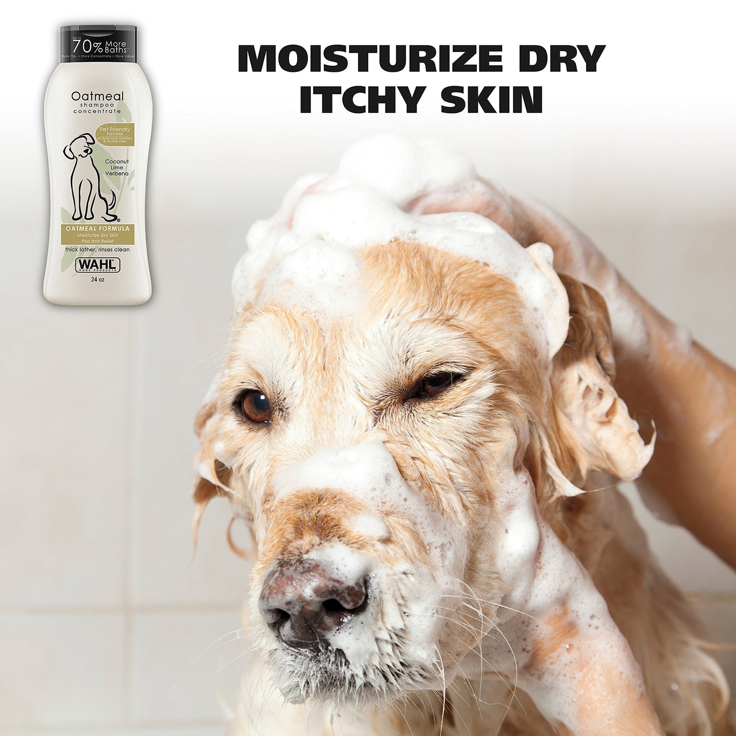 Wahl USA Dry Skin & Itch Relief Pet Shampoo for Dogs – Oatmeal Formula with Coconut Lime Verbena Scent & Pet Friendly Formula, 24 Oz - Model 820004A