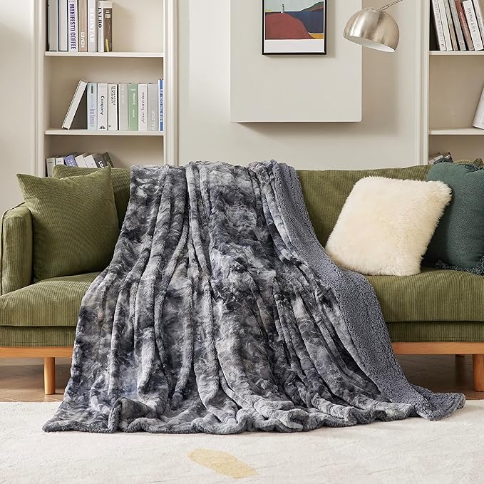 Bedsure Sherpa Blanket Twin Size - Soft, Fuzzy & Fluffy Faux Fur - Warm, Cozy Blanket for Couch, Sofa and Bed, Tie Dye Design, Grey, 60x80 Inches