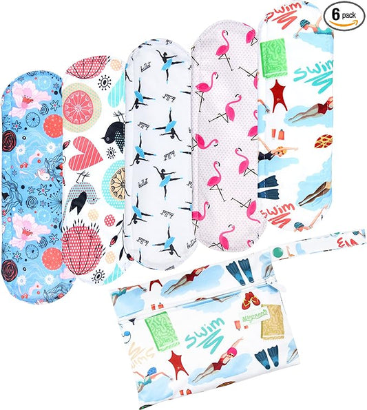 wegreeco Charcoal Reusable Menstrual Pads for Women - Reusable Sanitary Pads | Reusable Panty Liners | Soft Cloth Menstrual Pads - 5 Pack, 1 Cloth Wet Bag (Large, Dynamic)