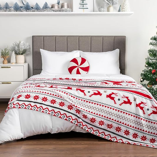 PAVILIA Christmas Throw Blanket | Holiday Christmas Reindeer Snowflakes Fleece Blanket | Soft, Plush, Warm Winter Cabin Throw,60x80 (White Reindeer)