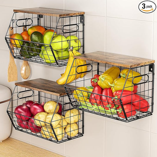 Delamu Stackable Metal Fruit Basket with Wood Lid 3 Pack, Hanging Wall Organizer for Kitchen Counter, Pantry Storage for Onions, Potatoes, Garli, Fruits, Spices, Black