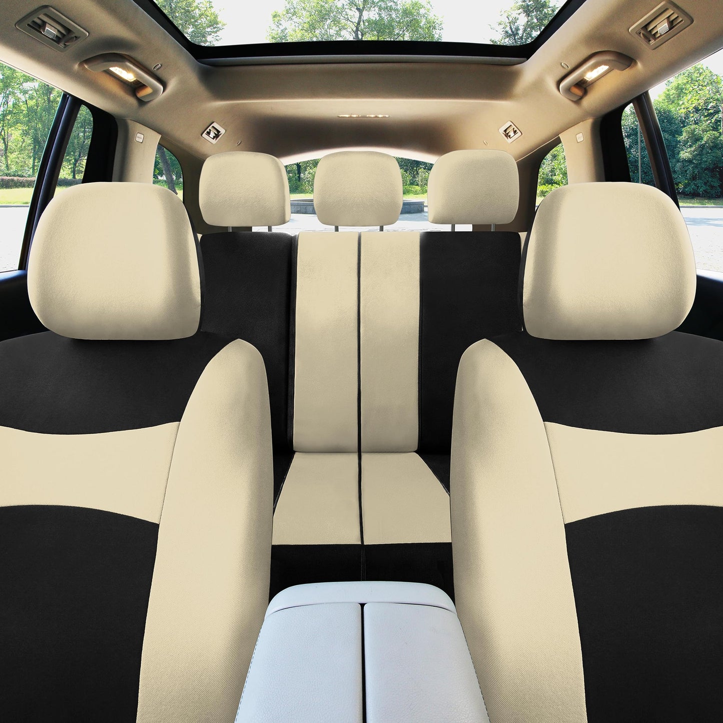 FH Group Car Seat Covers Full Set Cloth - Universal Fit, Automotive Seat Covers, Low Back Front Seat Covers, Airbag Compatible, Split Bench Rear Seat, Car Seat Cover for SUV, Sedan, Van Beige