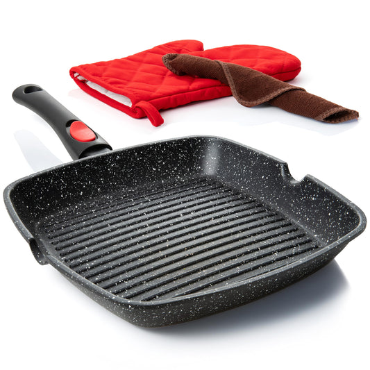 Moss & Stone Square Grill Pan for Indoor Cooking, 11-Inch Nonstick Griddle Skillet with Removable Handle, RV Die-Cast Aluminum Stove Top Grill Pan for Meats & Vegetables, Detachable Handle