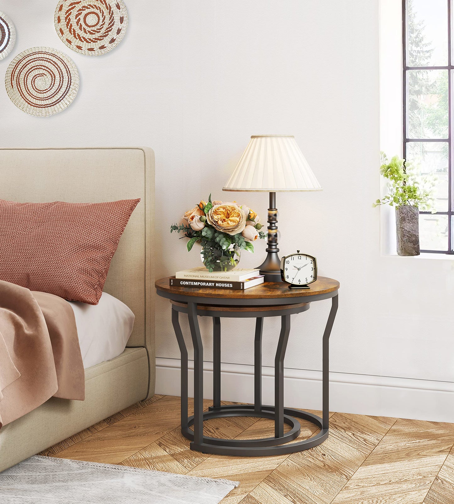 Hoctieon Nesting Coffee Tables, Round Nesting Tables Set of 2, End Tables, Stacking Nesting Tables for Living Room, Circle Coffee Tables, Side Tables Wooden Table Top, Rustic Brown
