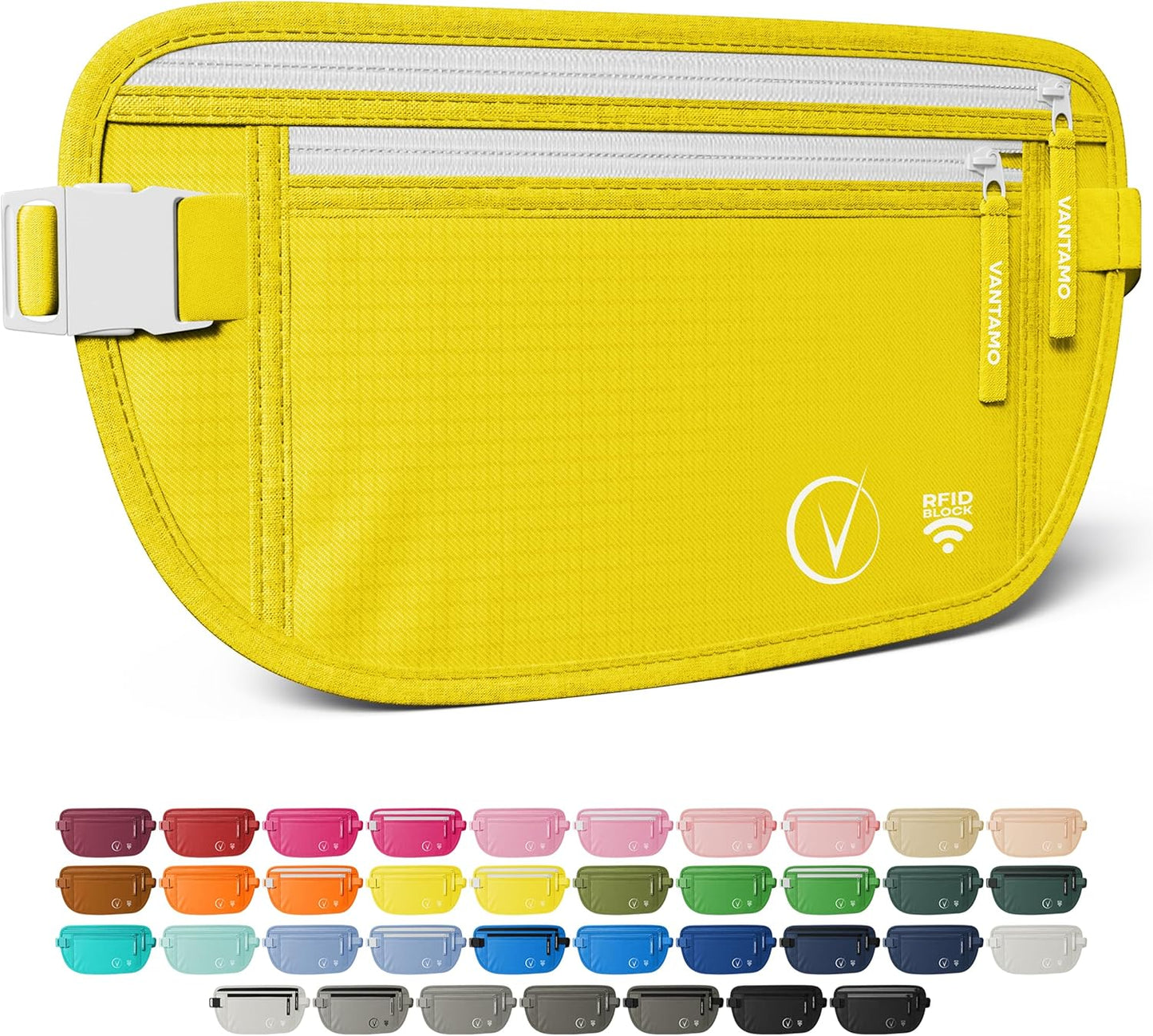 Vantamo Hidden Money Belt For Extra Safety, RFID Ultra-Thin Fanny Pack, 2 Compartment Money Bag Fits Passport & Phone